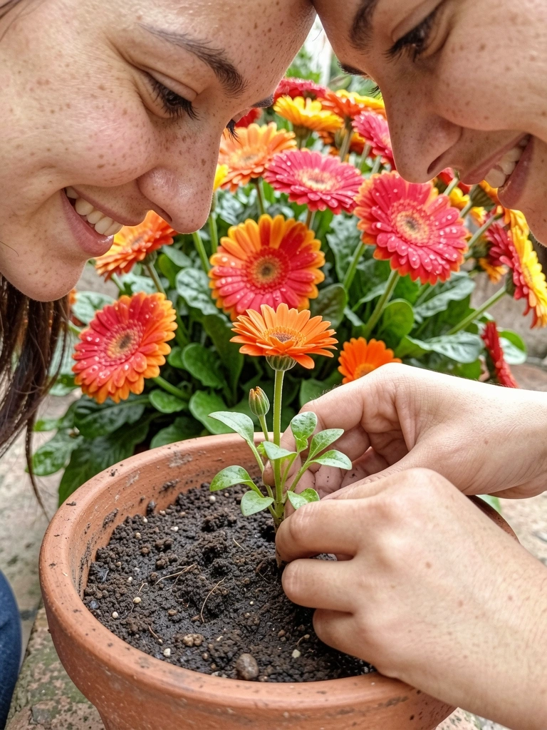 Mão plantando muda de Gerbera em vaso com terra