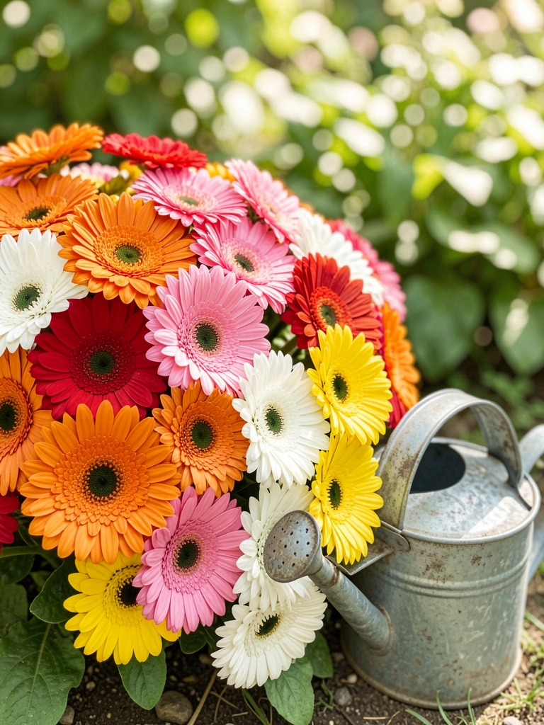 Gerbera florida com regador ao lado