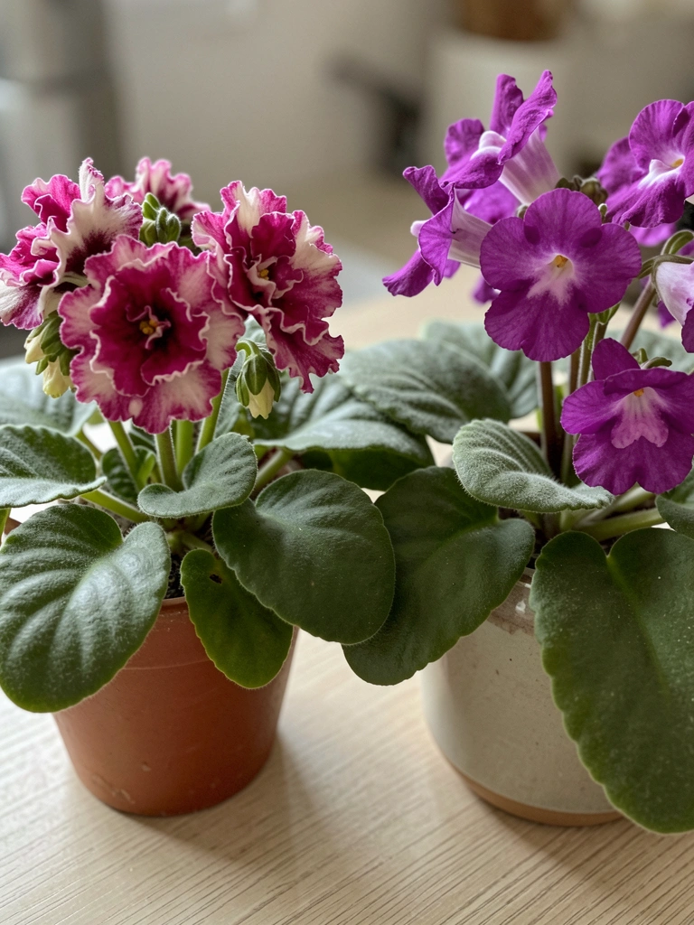 Vaso com gloxínia roxa ao lado de vaso com violeta-africana, folhas verdes e flores em tons de roxo.