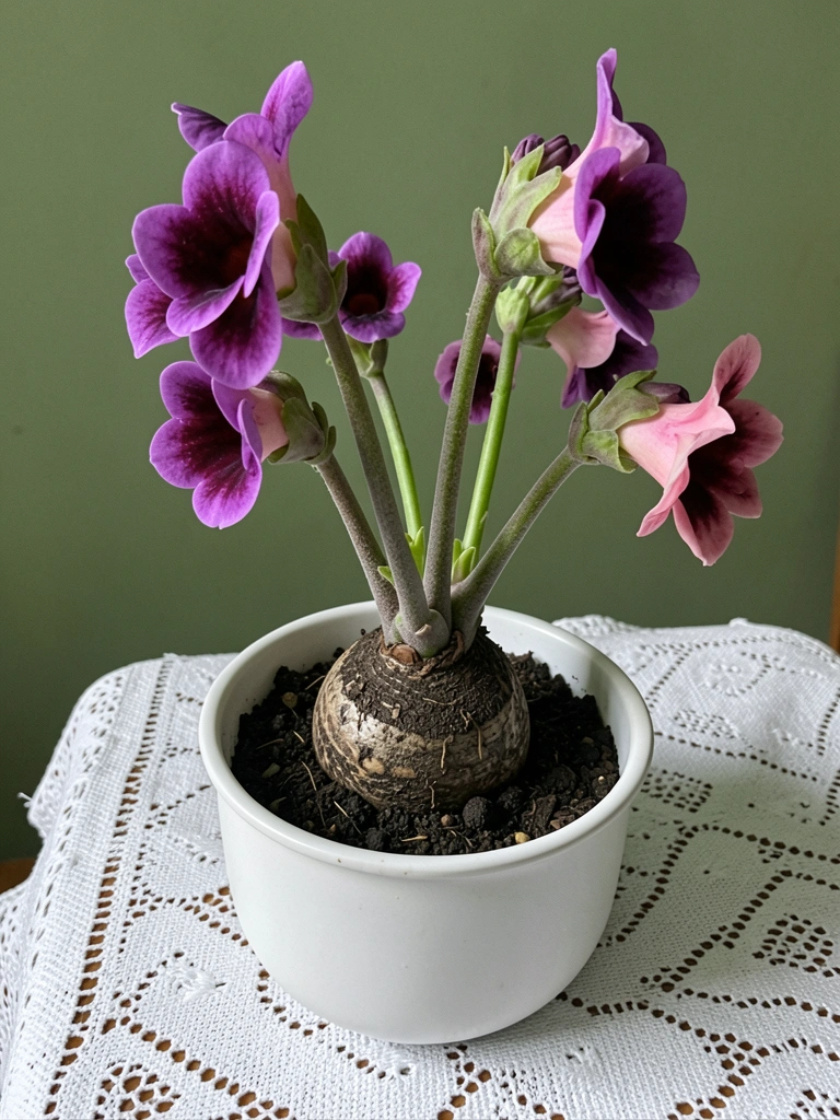 Tubérculo de gloxínia com brotos verdes sobre a terra em vaso