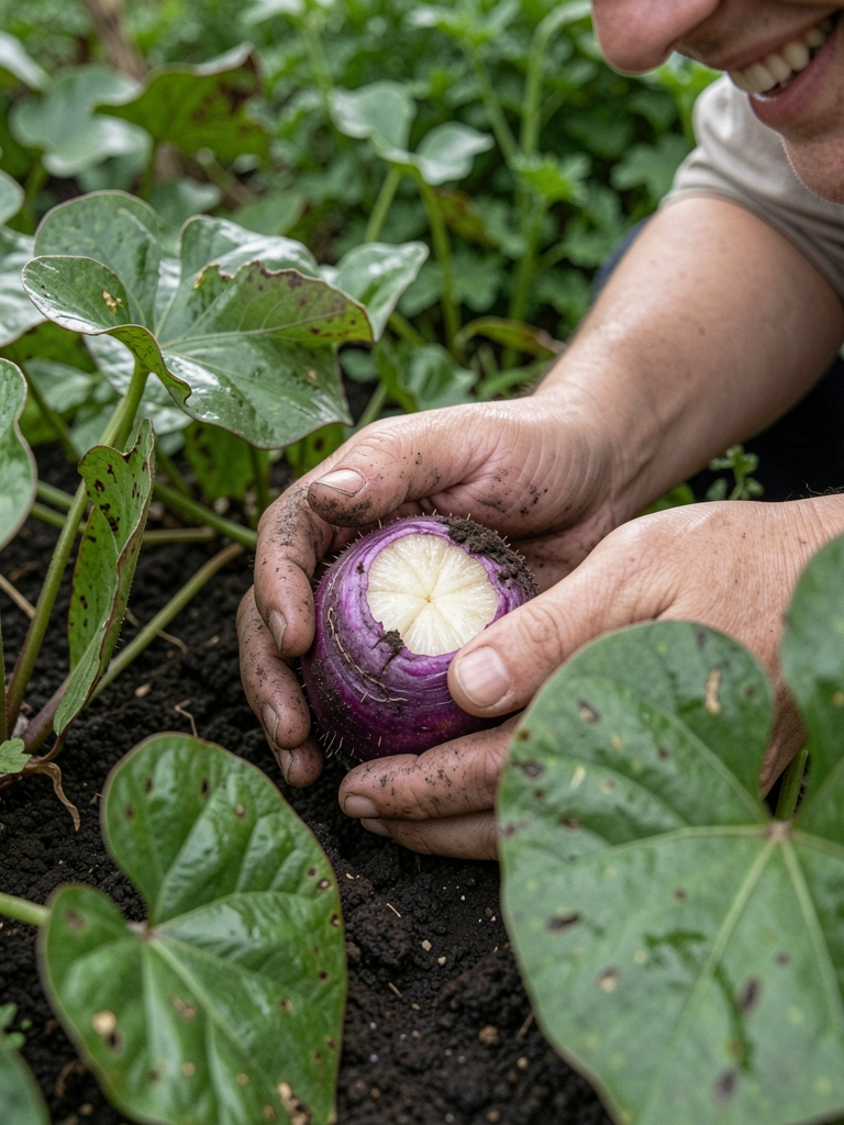 Mãos com terra plantando um tubérculo com a concavidade voltada para cima em um vaso.