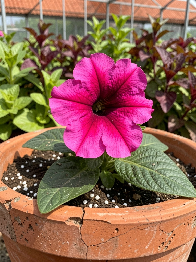Mistura de terra com perlita em um vaso de cerâmica marrom, sobre uma superfície de madeira.
