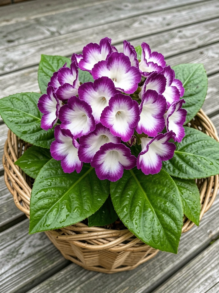Gloxínia com flores roxas em vaso sobre mesa, luz suave indireta