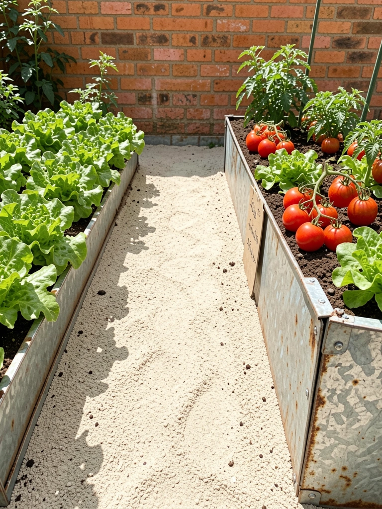 Canteiro de metal galvanizado com alface verde e tomates maduros.