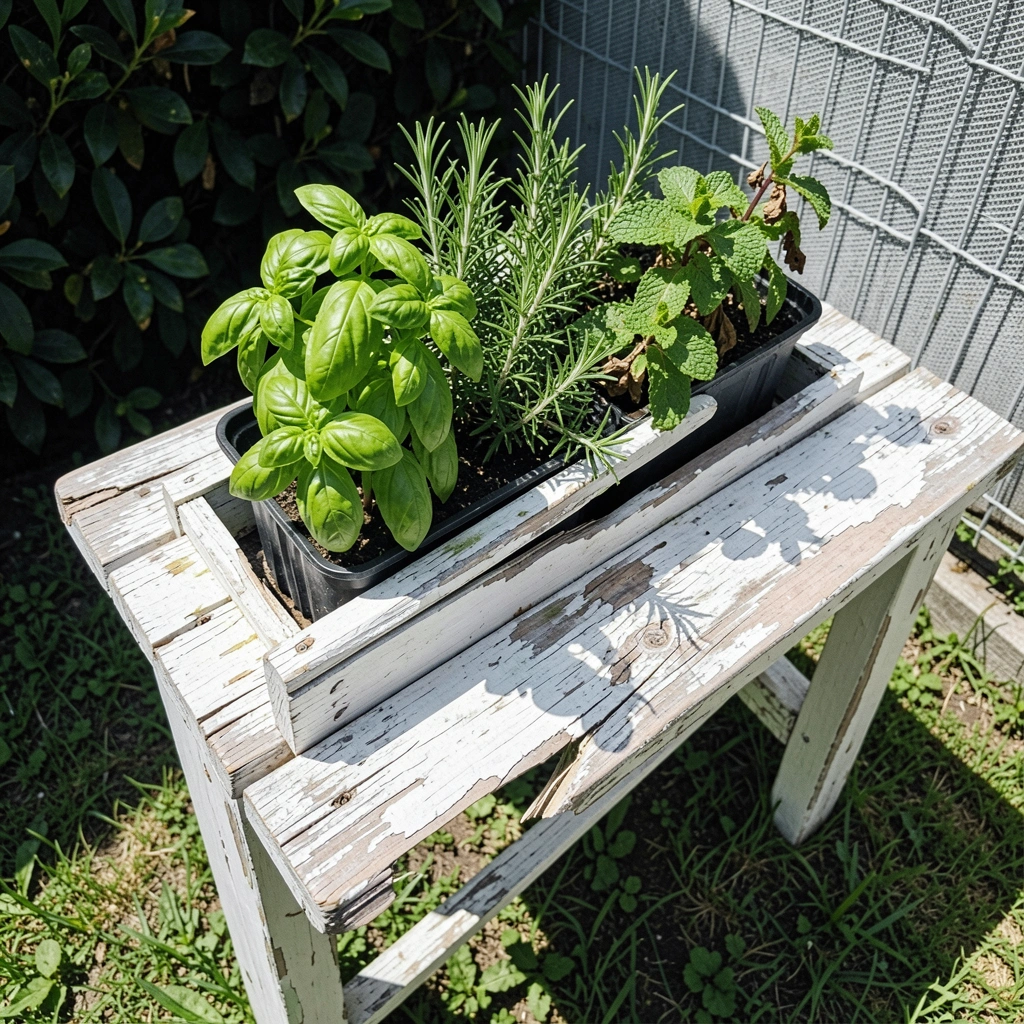 Mesa de cultivo de madeira com ervas aromáticas em vasos sobre varanda ensolarada.