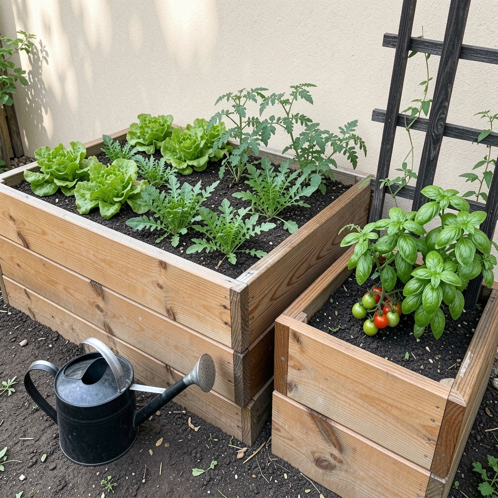 Canteiro elevado com alface, rúcula, tomates cereja e manjericão crescendo juntos.