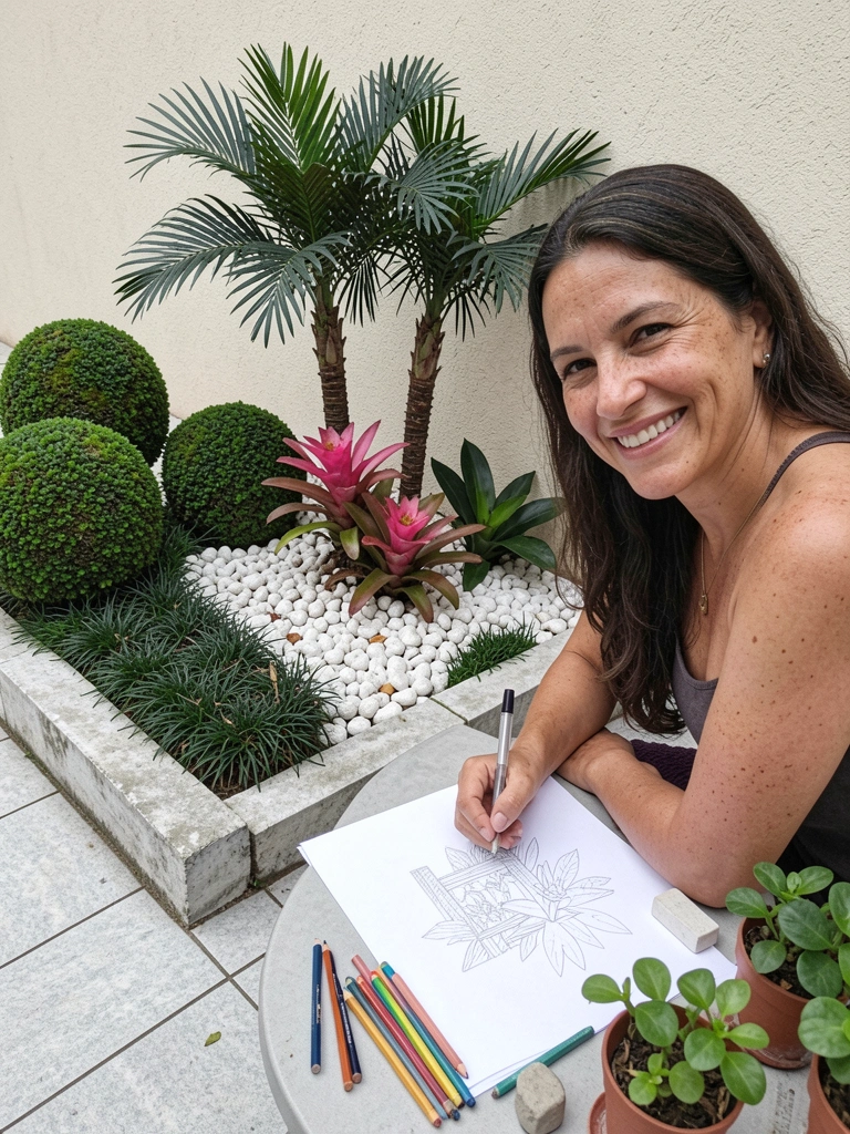Mão desenhando um jardim em papel sobre mesa com vasos de plantas ao redor