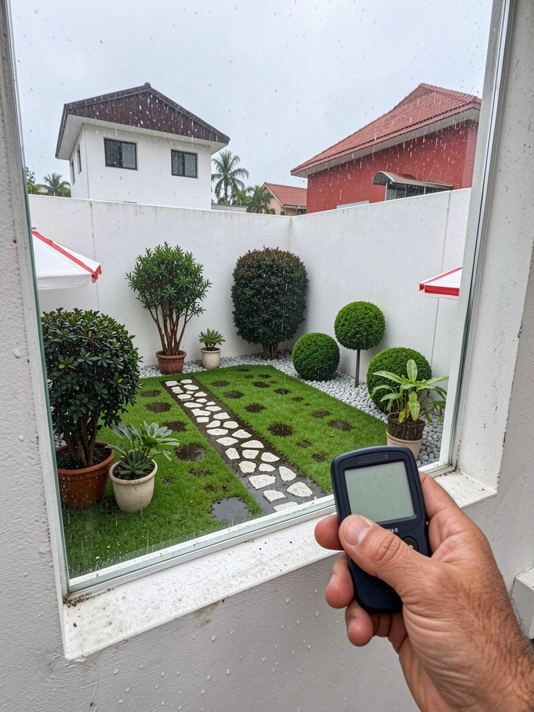 Mão segurando luxímetro próximo a uma janela com luz natural