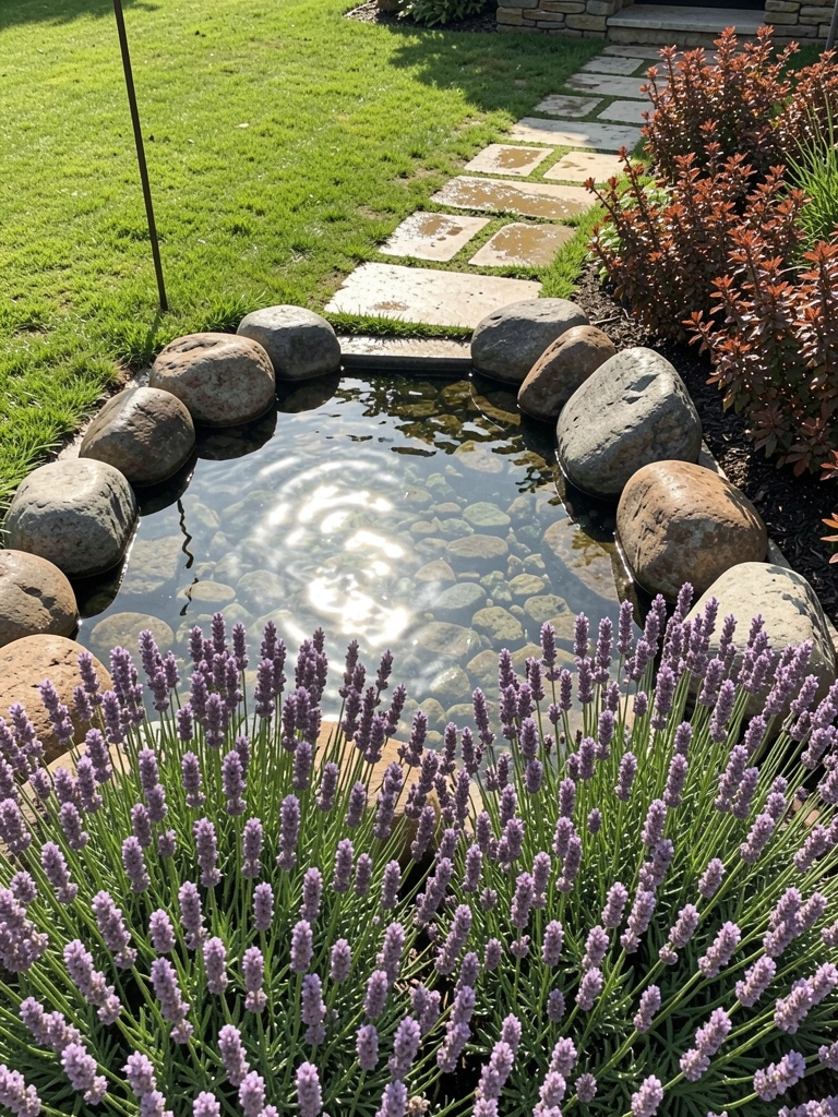 Colagem com quatro estilos de jardim: um formal com buxos, um tropical com palmeiras, um campestre com flores silvestres e um minimalista com pedras e grama