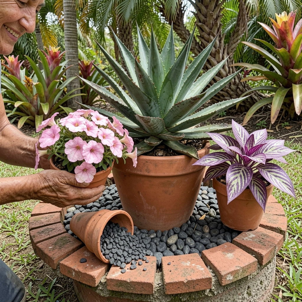 Jardim tropical com palmeiras e bromélias em flor