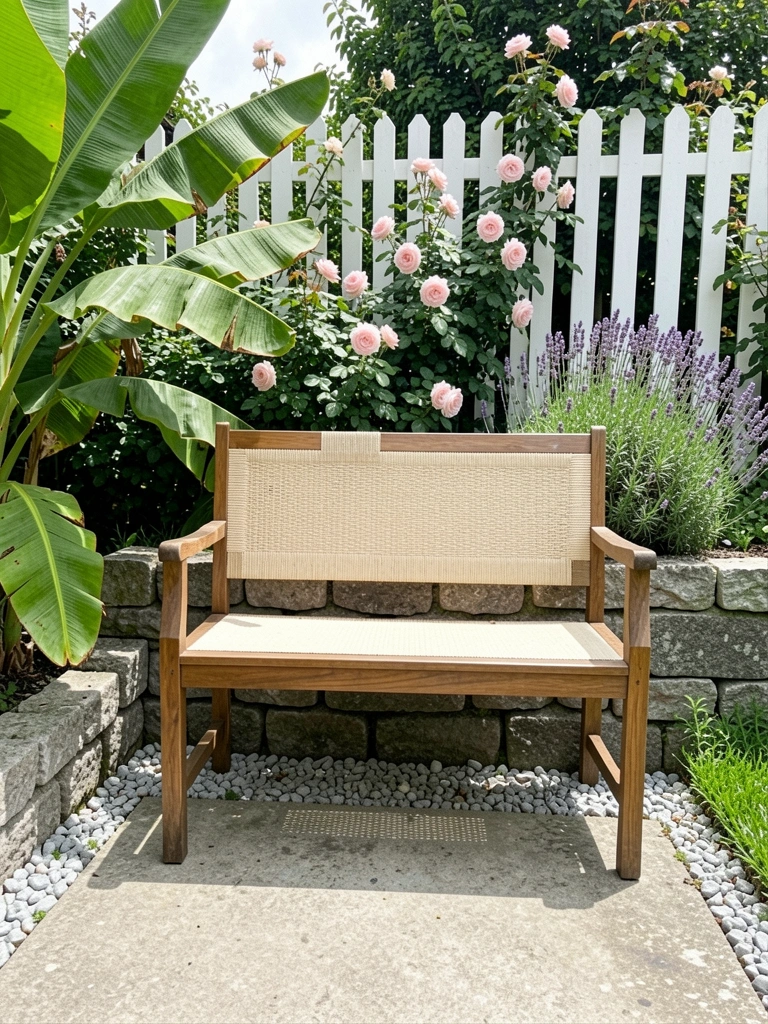 Jardim com cerca branca, rosas e lavanda em primeiro plano