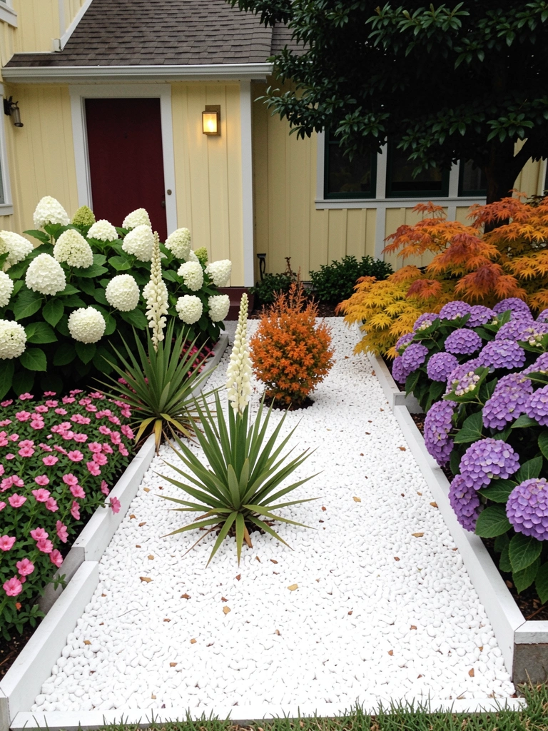 Jardim com cascalho branco, plantas de yuca e linhas retas no paisagismo.