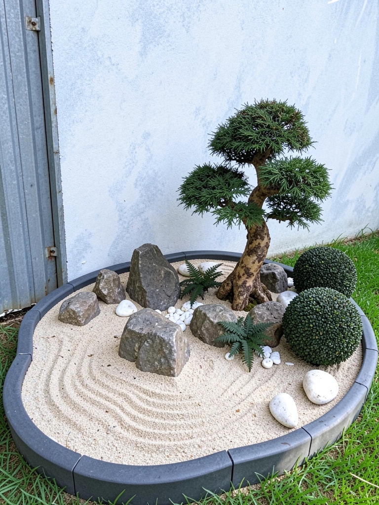 Jardim zen com areia clara, pedras dispostas e um bonsai em vaso