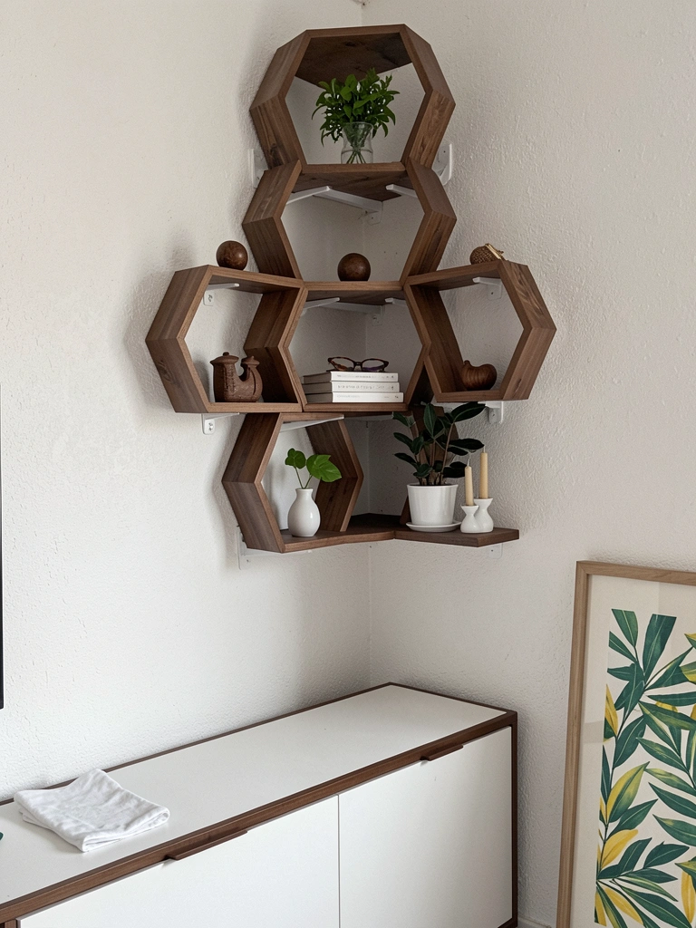 Prateleira de canto em L com livros e objetos decorativos em sala de TV.