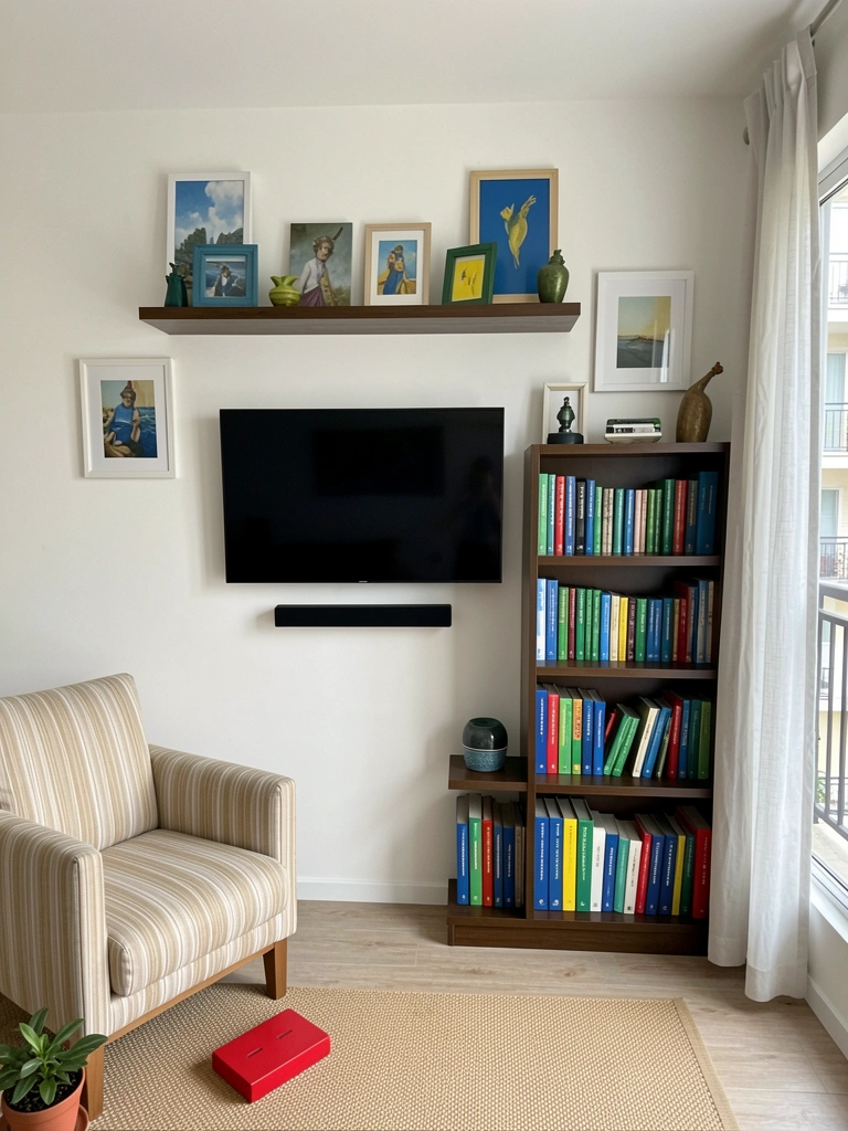 Prateleiras moduladas em diferentes tamanhos e alturas fixadas na parede, com objetos decorativos.
