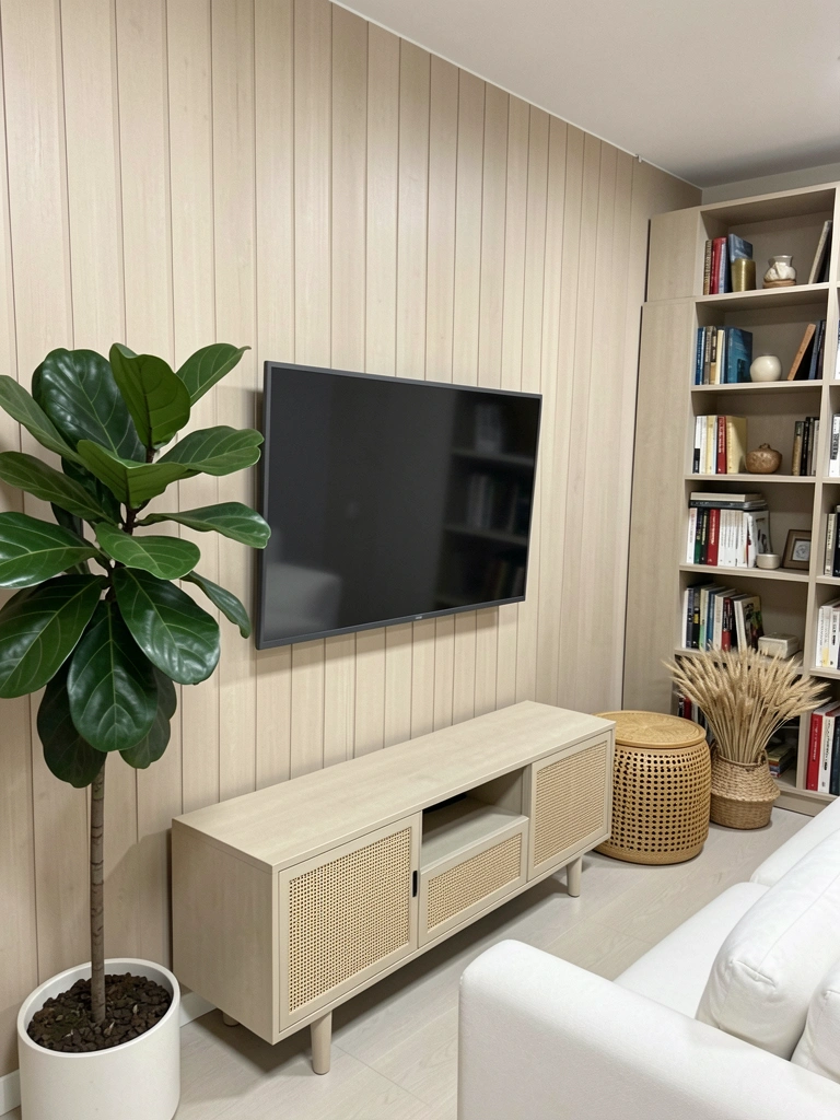 Prateleira fina alinhada ao topo de uma TV de tela plana, com objetos decorativos.