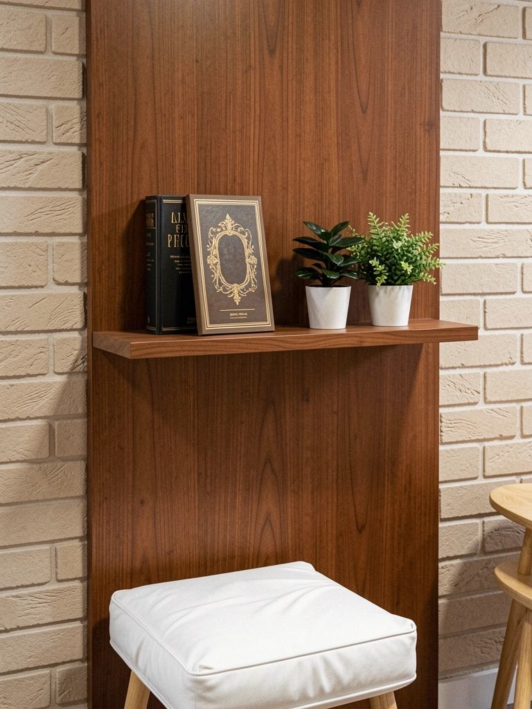 Prateleira com poucos objetos decorativos em tons neutros, incluindo vaso e livros.