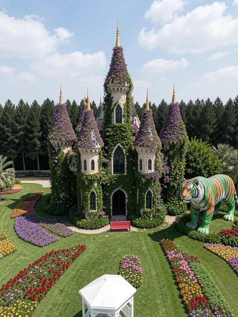 Vista aérea do Dubai Miracle Garden com fileiras de flores coloridas formando padrões geométricos