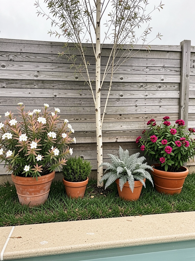 Vasos de plantas coloridas dispostos no chão de um quintal ensolarado