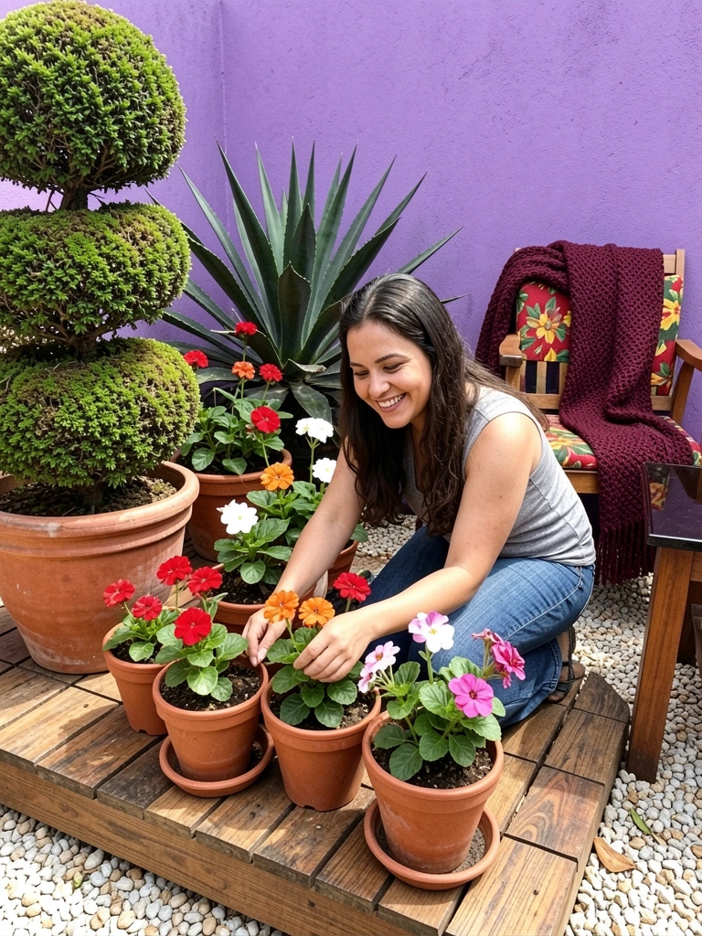 Mulher sorridente regando vasos de plantas em quintal ensolarado