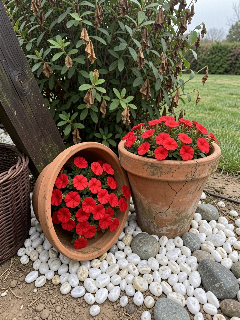 Rascunho de planejamento com vasos e plantas dispostos no quintal