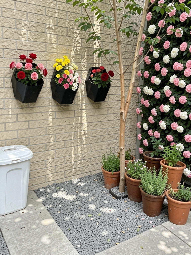 Vasos de plantas em área externa com luz solar e sombra parcial