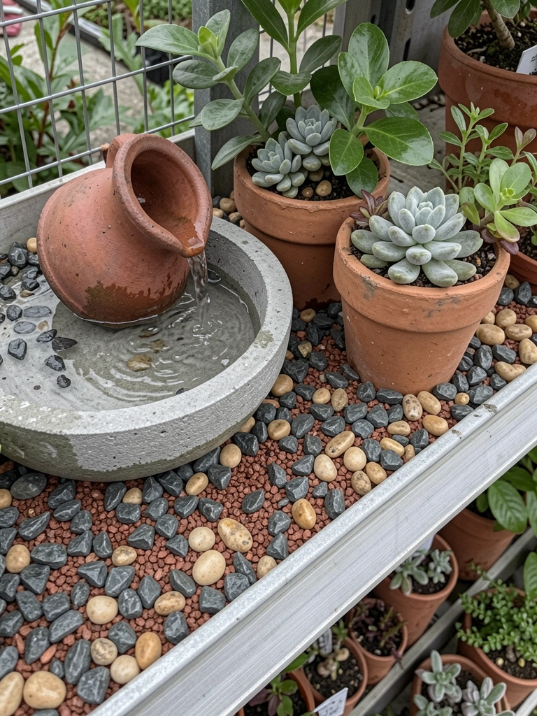Vasos de cerâmica, plástico e fibra de coco organizados em prateleiras de garden center