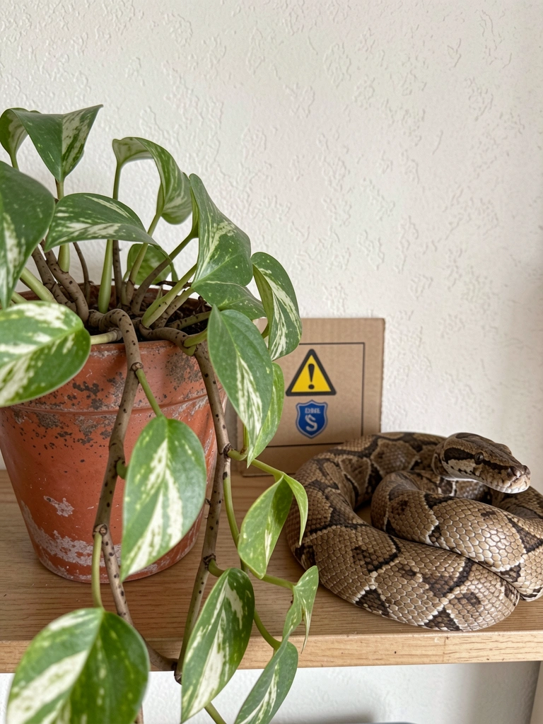 Duas imagens lado a lado: planta jiboia em vaso e cobra jiboia enrolada, com ícones de alerta e escudo de seguro.