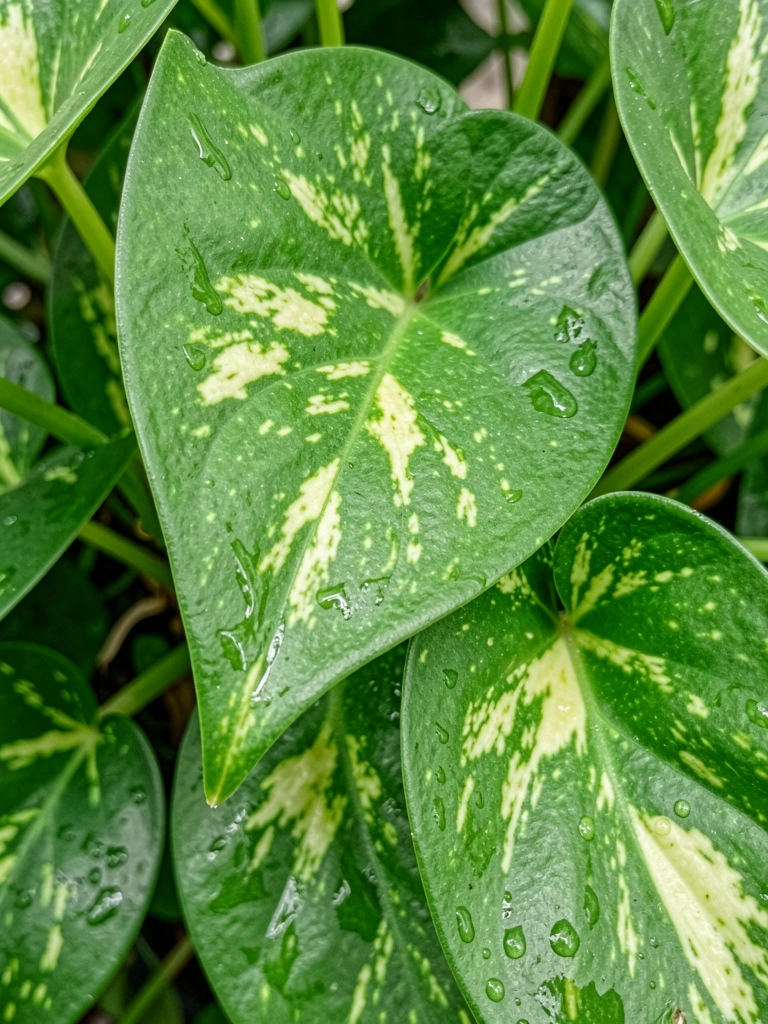 Folhas verdes de jiboia com gotículas de água sobre superfície brilhante, fundo verde desfocado.