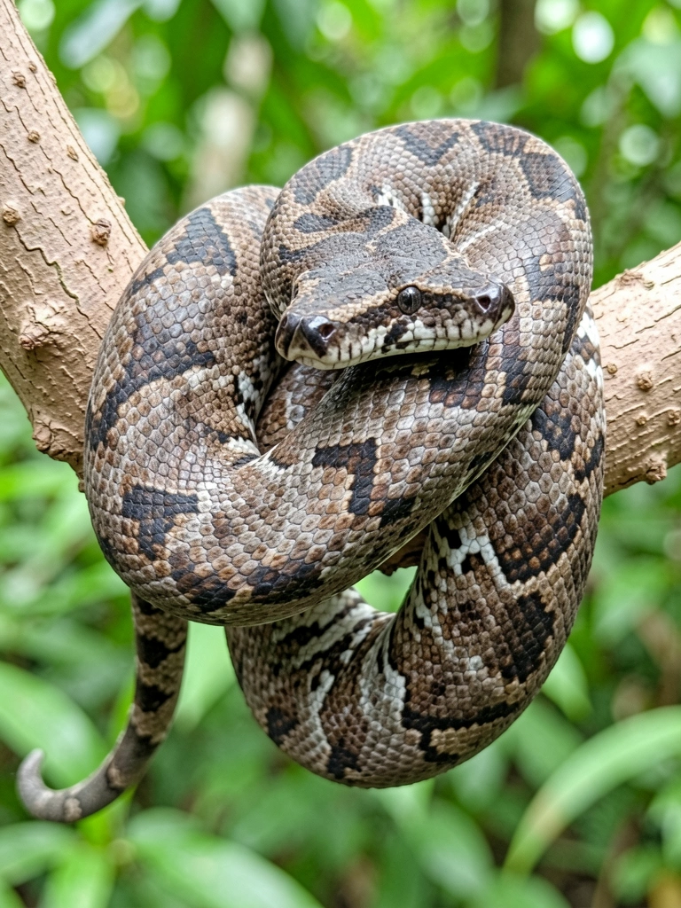Cobra jiboia enrodilhada, com olhar calmo e língua levemente visível.