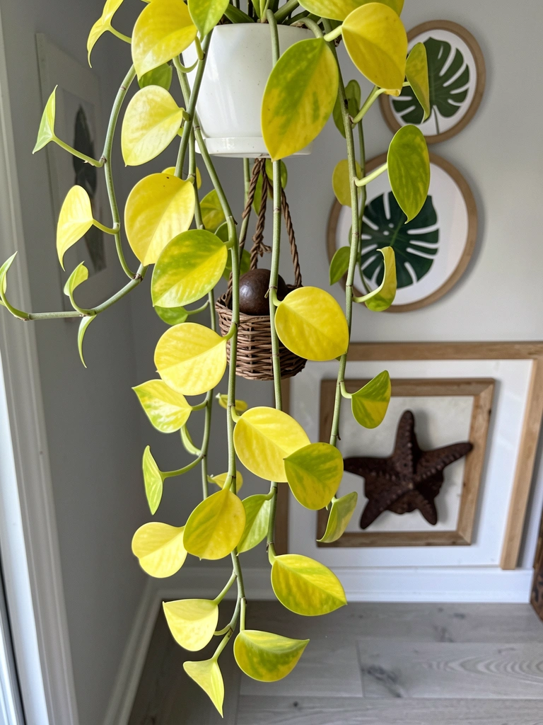 Ramo de jiboia com folhas amarelo-limão pendurado em vaso branco sob luz suave.