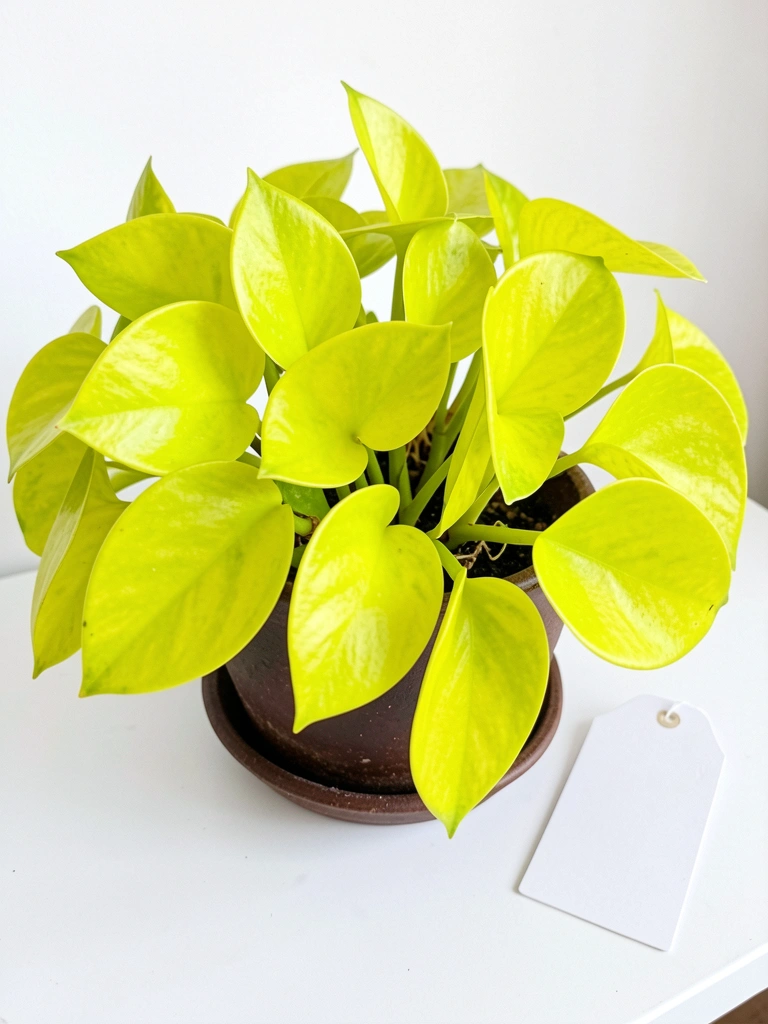 Etiqueta de viveiro presa a vaso com jiboia neon amarela em primeiro plano.