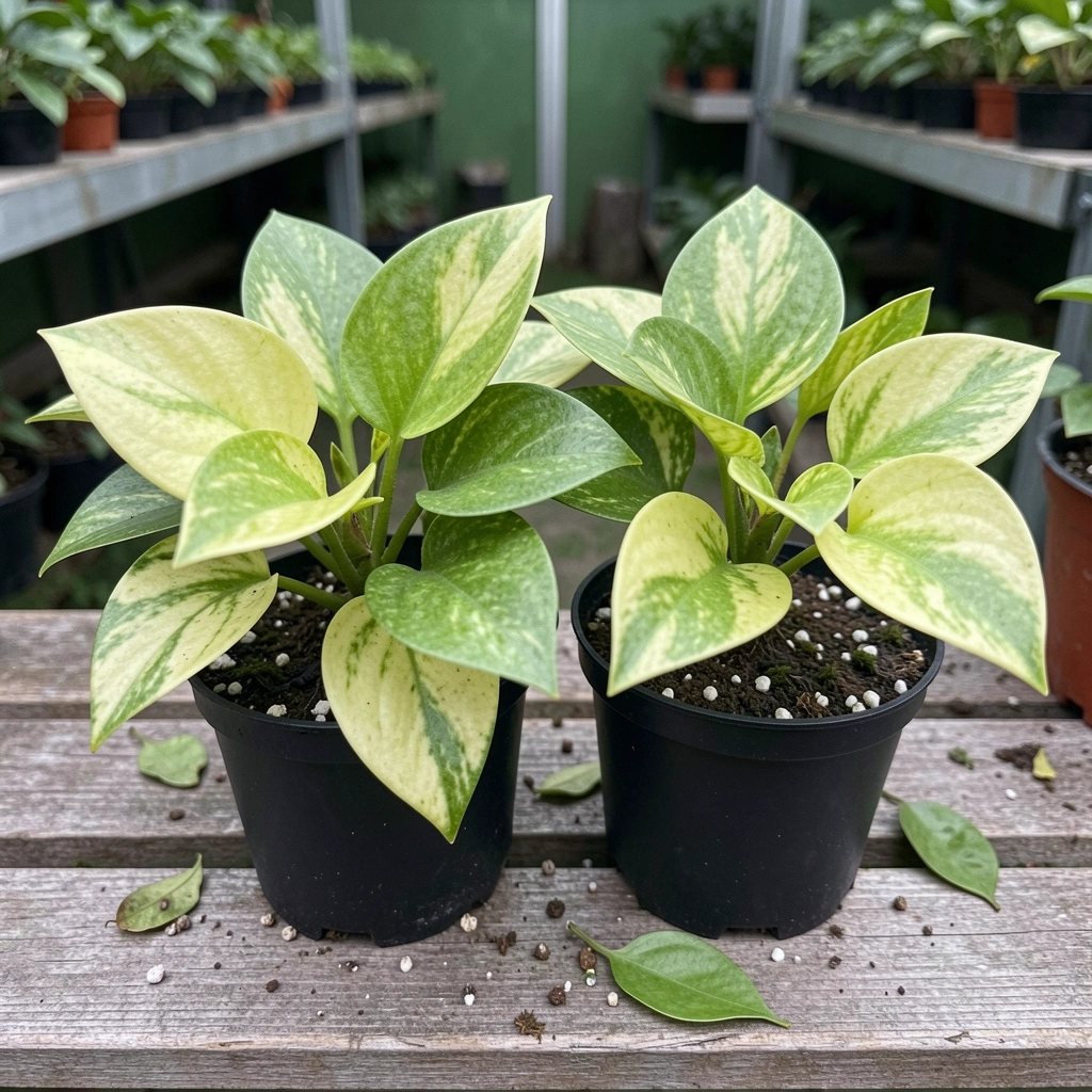 Duas mudas de jiboia em vasos plásticos sobre bancada de viveiro, com folhagem verde e amarelada.