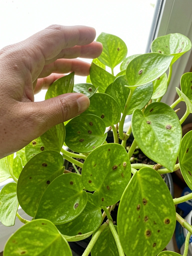 Mão com sombra verde sobre folhas de jiboia perto da janela