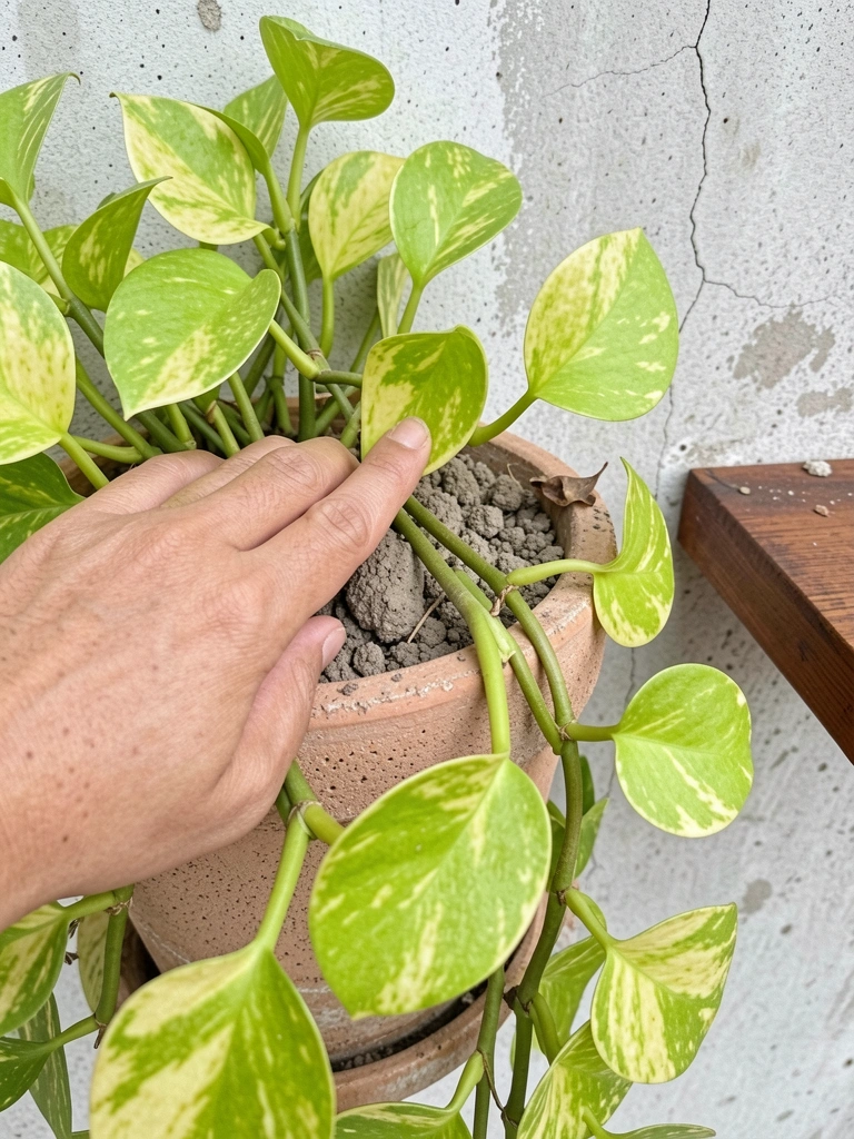 Dedo indicador tocando a superfície seca do substrato de um vaso com jiboia limão