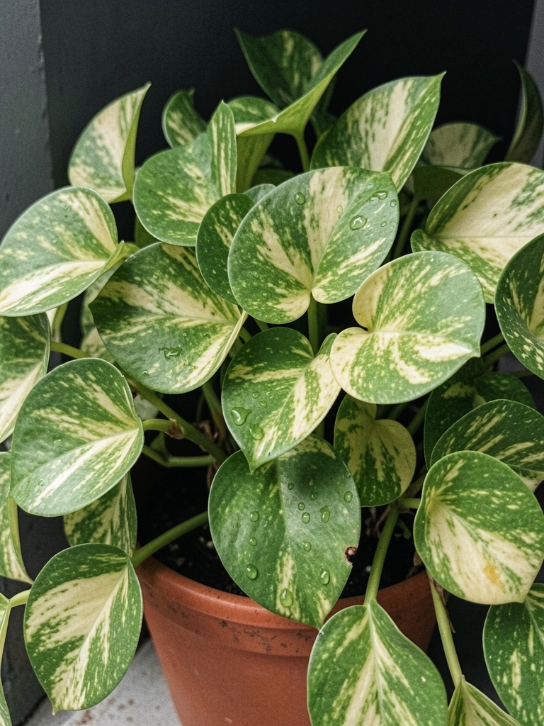 Vaso com planta jiboia de folhas verdes e amarelas em formato de coração.