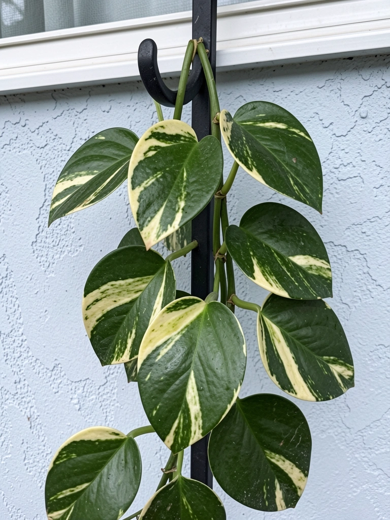 Folhas verdes com manchas amarelas e brancas da planta jiboia, iluminadas por luz natural.