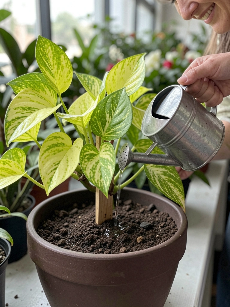 Mão segurando regador verde despejando água sobre folhas de jiboia em vaso de cerâmica.