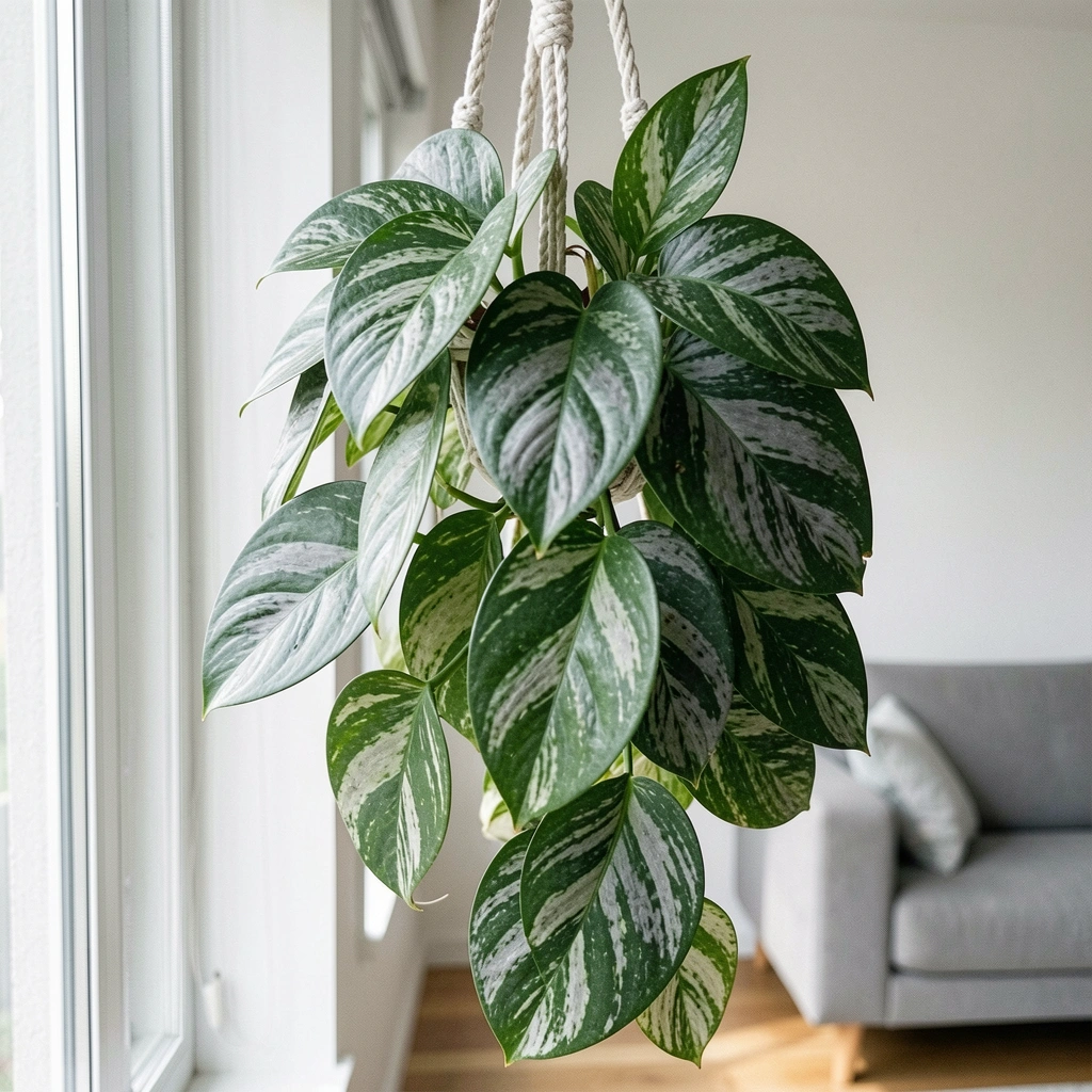 Planta jiboia pendente em vaso branco na sala de estar, com folhas verdes caindo sobre móvel claro.