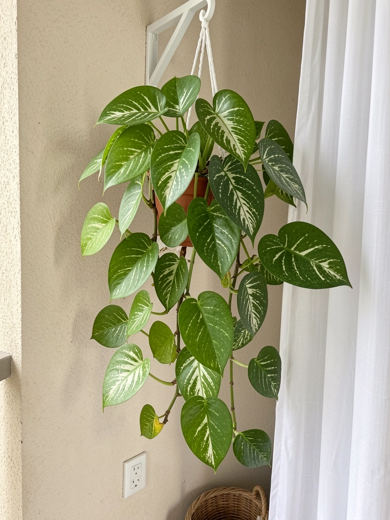 Vaso suspenso na varanda com folhas verdes de jiboia sob luz natural.