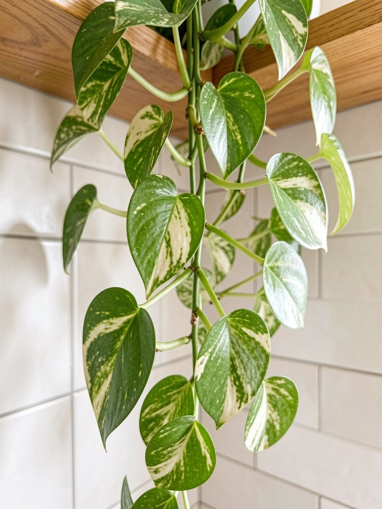 Planta jiboia pendente sobre vaso branco em banheiro com azulejos claros e pia.