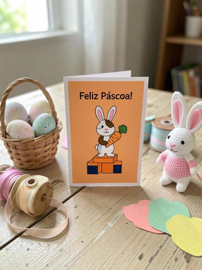 Mesa com lembrancinhas de Páscoa artesanais, incluindo ovos decorados e coelhinhos de pelúcia