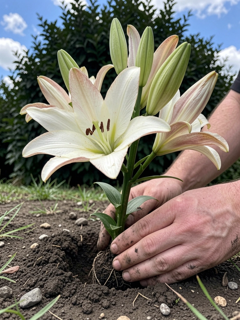 Mãos plantando muda de lírio do campo em cova de terra