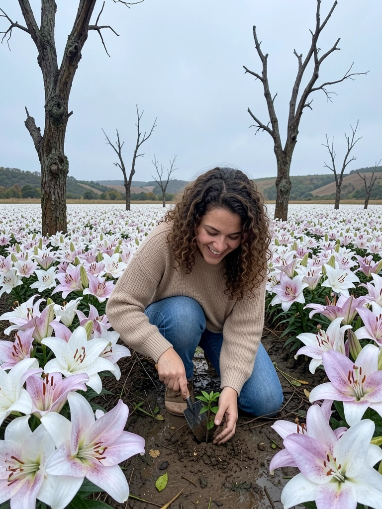 Mãos com luvas plantando uma muda de lírio do campo em solo escuro, outono