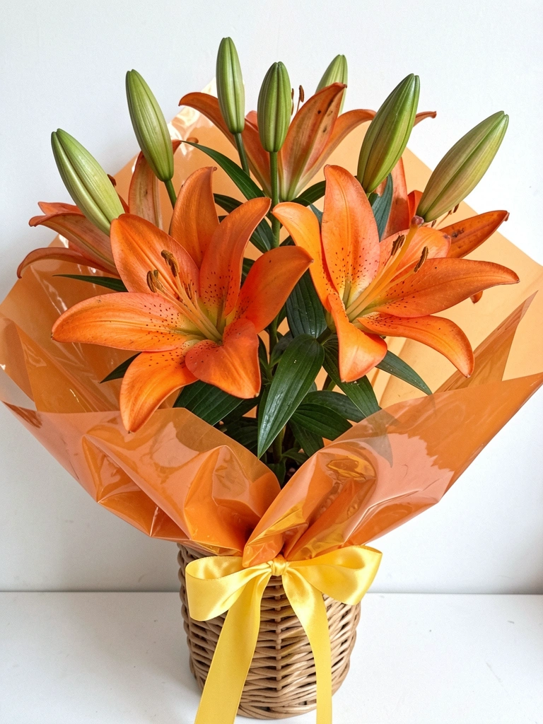 Flor de lírio laranja com pétalas abertas e estames visíveis sobre fundo neutro.