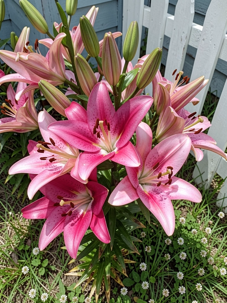 Botões de lírio rosa fechados em vaso de cerâmica branca sobre mesa de madeira, com luz suave vinda da esquerda.