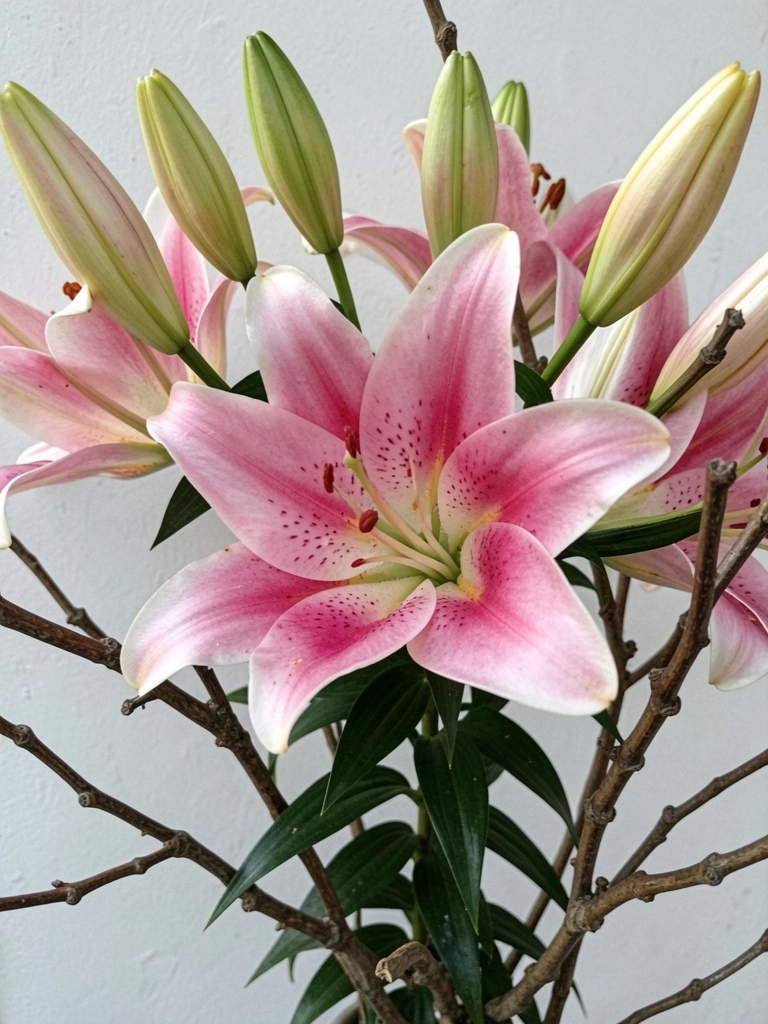 Flor de lírio rosa aberta com pétalas manchadas e estames alaranjados sobre fundo neutro.