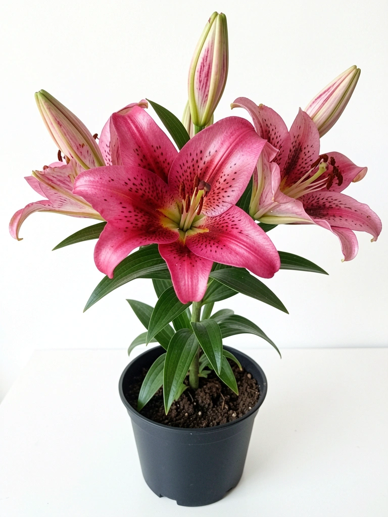 Flor de lírio rosa aberta com pétalas curvadas e estames amarelos ao centro.