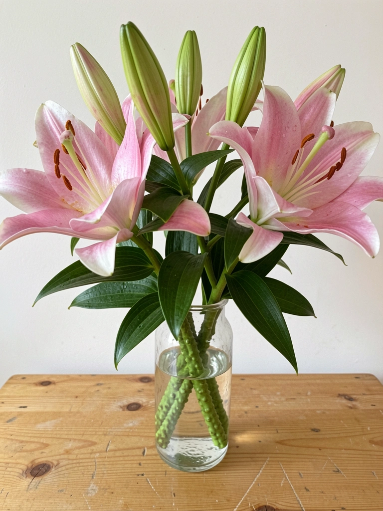 Flores de lírio rosa em vaso branco sobre mesa de madeira, com luz natural suave ao fundo