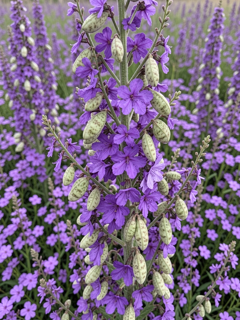 Ilustração de Lunaria annua com flores roxas e frutos prateados transparentes sobre fundo claro.